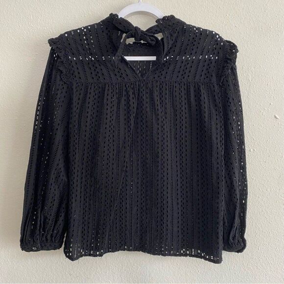 Madewell Mockneck Eyelet Ruffle Long Sleeve Peasant Top Size S Black Fairy Goth - Picture 10 of 11